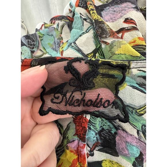 Nicholson Top Womens 10 Silk Bird Print Front Tie Triangle Halter Boho Whimsey - Picture 8 of 10